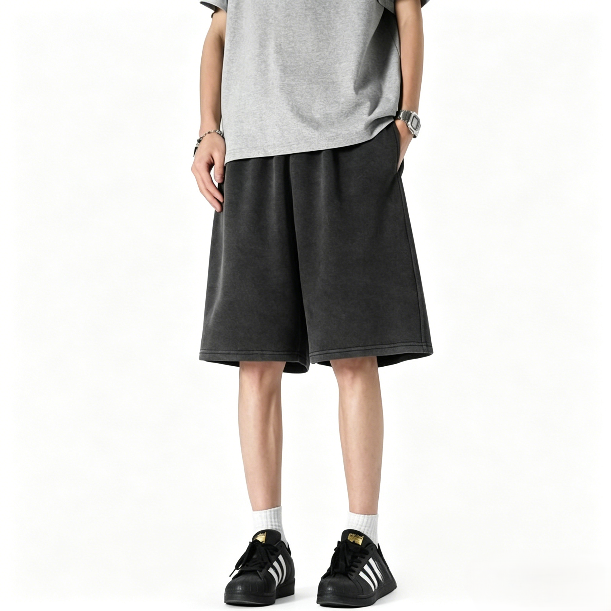 Men's Loose Fit Cotton Casual Shorts Dark Gray Elastic Waist